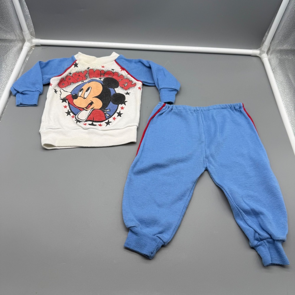 Vintage 1984 Disney Babies Mickey Mouse Sweatshirt Joggers Set Blue White 0-6M